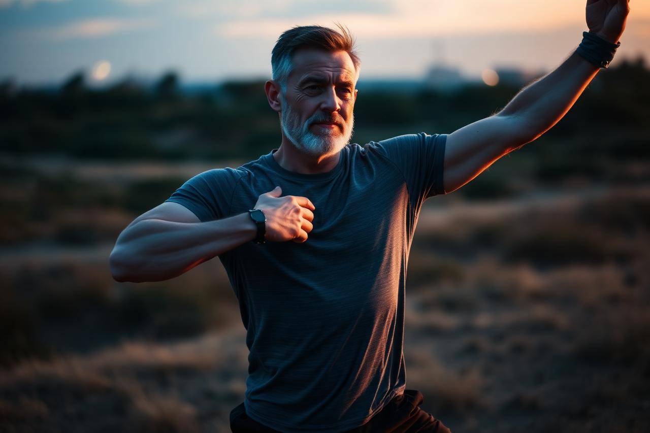Active man stretching outdoors at sunrise